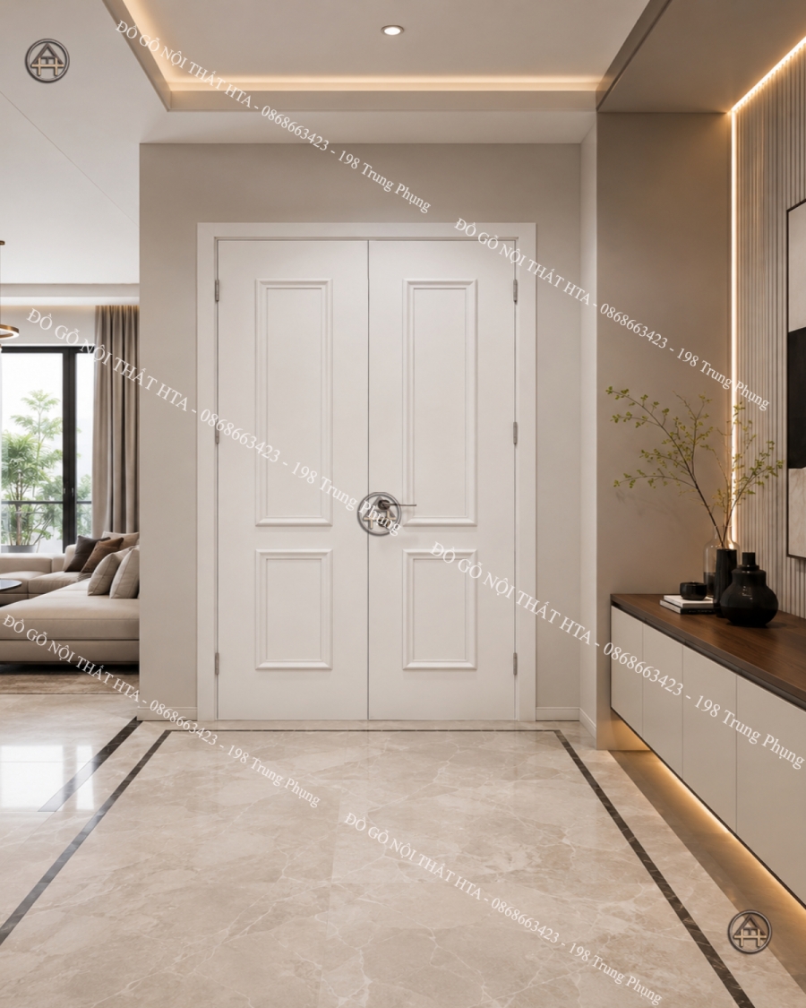Cửa gỗ composite 2 cánh kết hợp kính cường lực bền đẹp, thoáng sáng Đồ Gỗ Nội Thất HTA