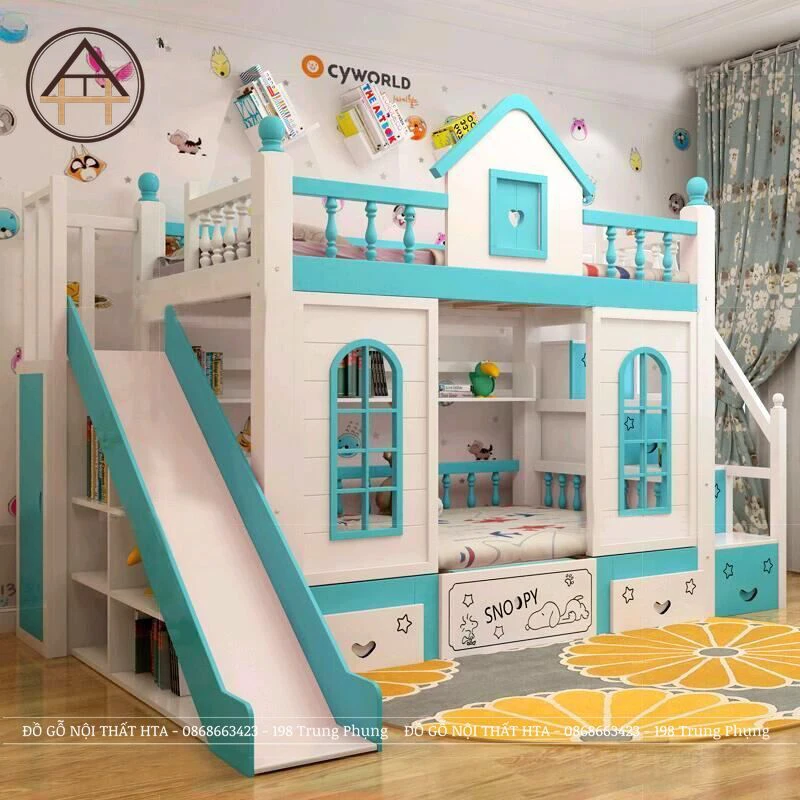 Giường tầng tích hợp tủ quần áo cánh lùa và lá trang trí HTA