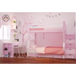 Giường tầng đa năng tích hợp cùng bàn học màu hồng cho bé gái