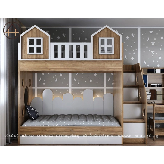 Giường tầng có 2 bàn học - Khơi nguồn cảm hứng học tập cho bé