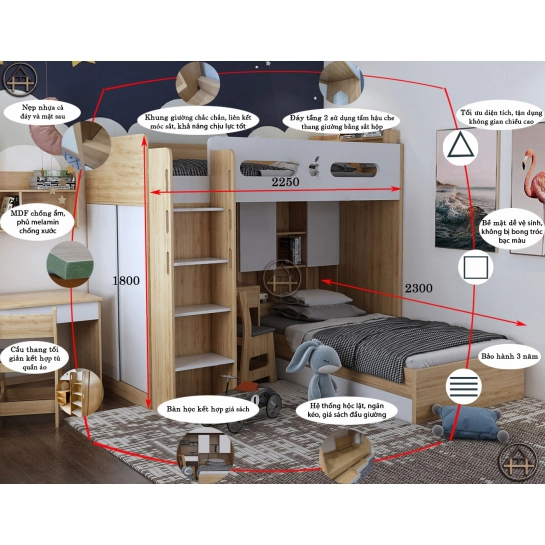 Giường ngủ 2 tầng thông minh cho bé HTA