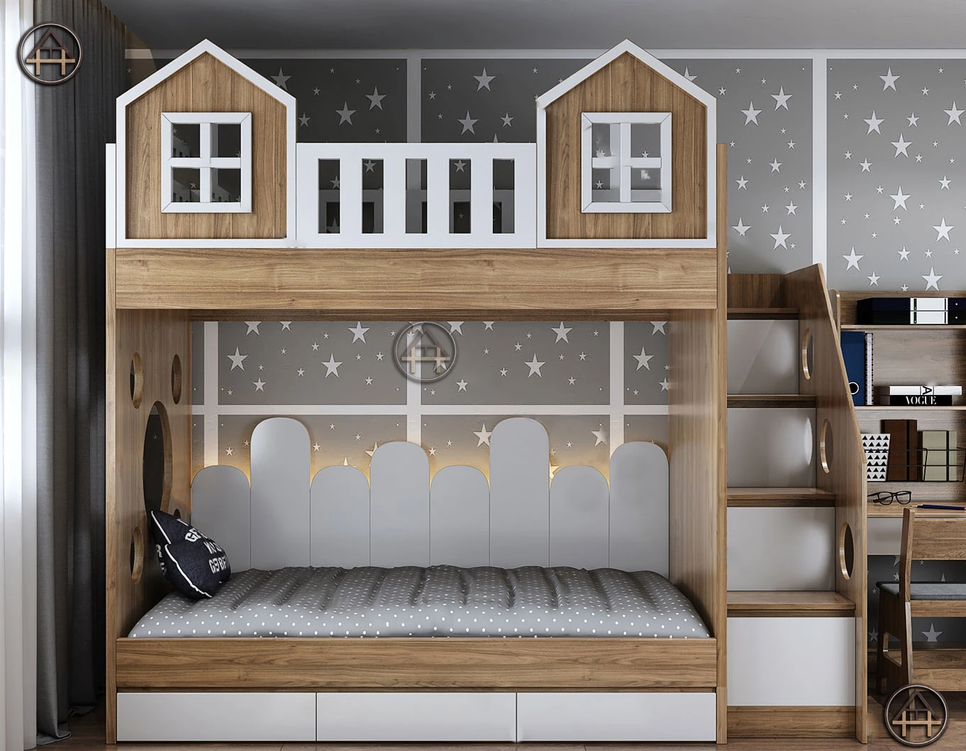 Giường tầng tích hợp tủ quần áo cánh lùa và lá trang trí HTA