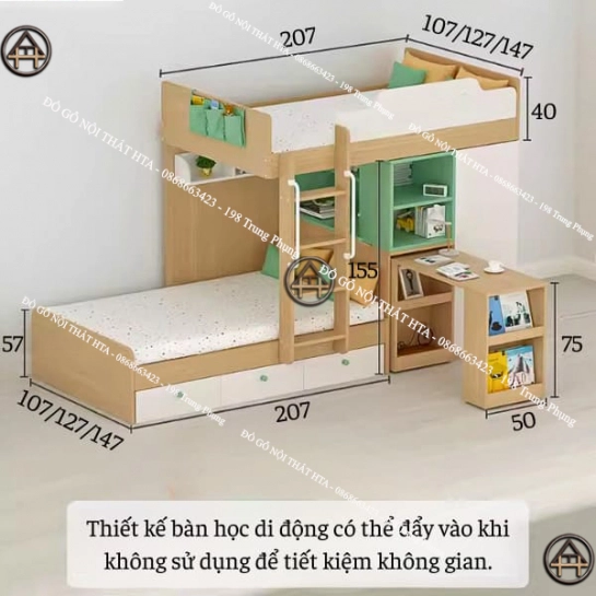 Giường ngủ 2 tầng thông minh cho bé HTA