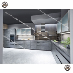 Tủ bếp khung inox cánh kính tối giản HTA