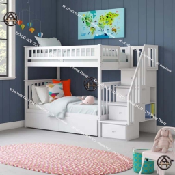 Giường tầng bằng gỗ có cầu thang lưu trữ Đồ Gỗ Nội Thất HTA