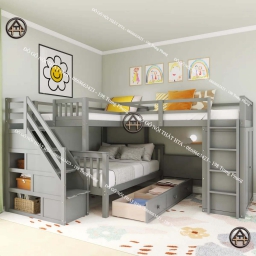 Giường tầng hình chữ L 3 giường ngủ có tủ quần áo và ngăn kéo, bàn học