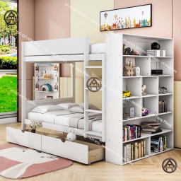 Giường tầng có tủ sách hiện đại cho trẻ 5-12 tuổi