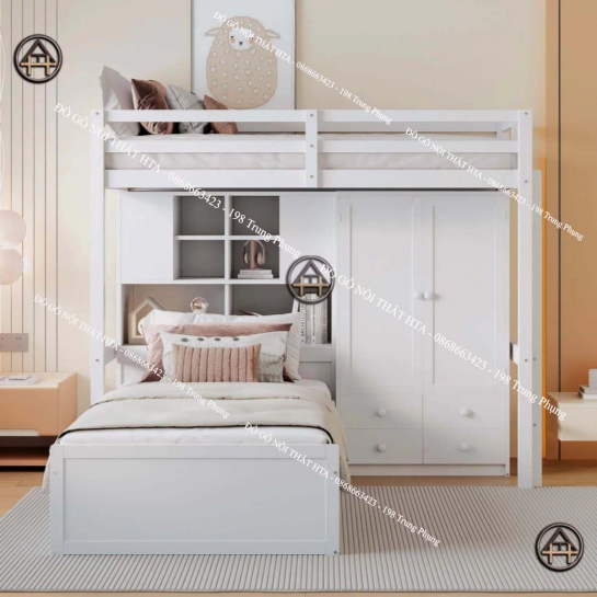 Giường tầng gỗ công nghiệp có tủ quần áo cho bé - Đồ Gỗ Nội Thất HTA