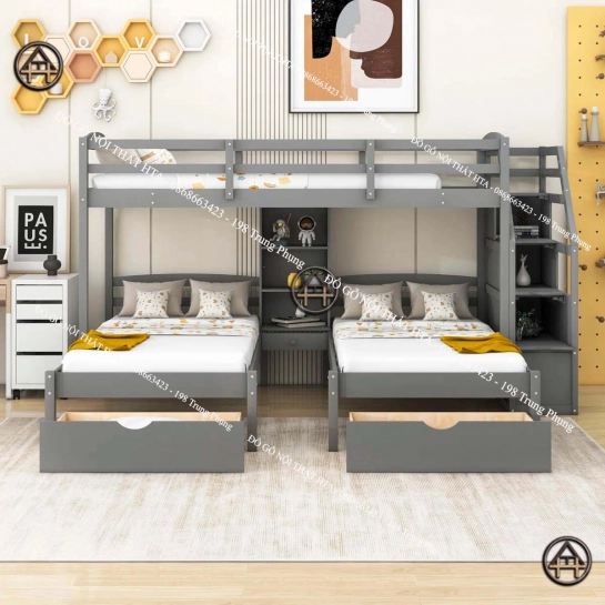 Giường tầng có 2 bàn học - Khơi nguồn cảm hứng học tập cho bé