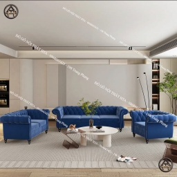 Bộ sofa xanh coban sở hữu thiết kế Chesterfield cổ điển, sang trọng