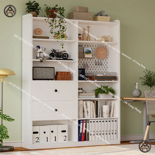Kệ sách 8 ngăn kèm bảng Pegboard và ngăn kéo sâu 