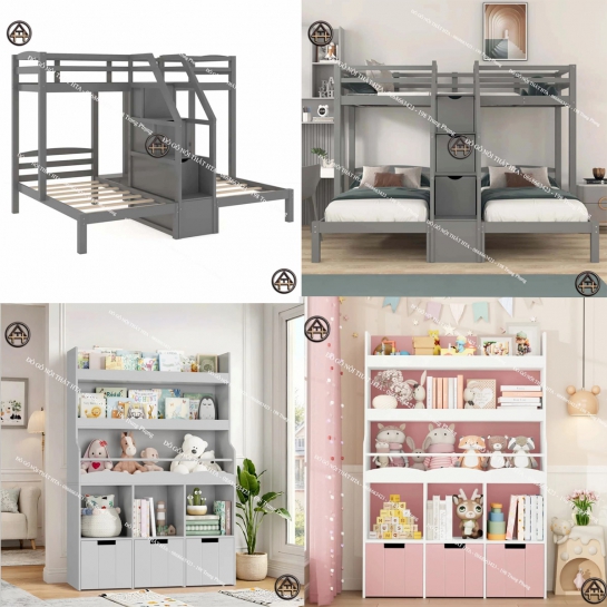 COMBO Phòng Bé Gọn Gàng | GIƯỜNG TẦNG 2 TẦNG & TỦ SÁCH ĐA NĂNG HTA