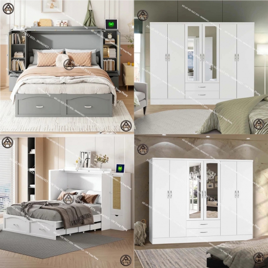 COMBO TỐI ƯU | GIƯỜNG GỖ THÔNG MINH & TỦ QUẦN ÁO CÓ GƯƠNG HTA