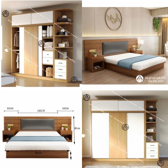 COMBO TỐI GIẢN | GIƯỜNG NGỦ BỆT KIỂU NHẬT CAO CẤP & TỦ QUẦN ÁO CỬA TRƯỢT