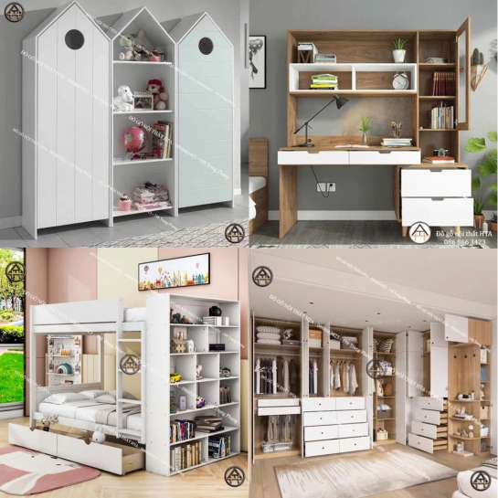 COMBO XINH XẮN | GIƯỜNG TẦNG CÓ TỦ SÁCH, BÀN HỌC CỬA KÍNH & TỦ QUẦN ÁO NGÔI NHÀ CHO TRẺ