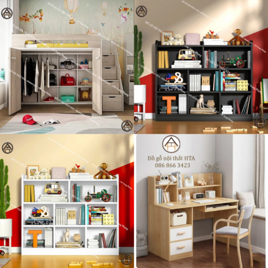 COMBO PHÒNG NGỦ NHỎ | GIƯỜNG TẦNG, TỦ SÁCH 4 TẦNG & BÀN HỌC