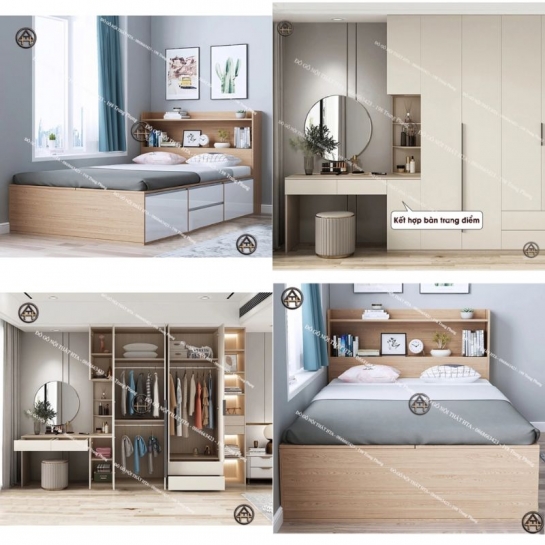 COMBO ĐA NĂNG | GIƯỜNG NGỦ GỖ & TỦ QUẦN ÁO GỖ KÈM BÀN TRANG ĐIỂM