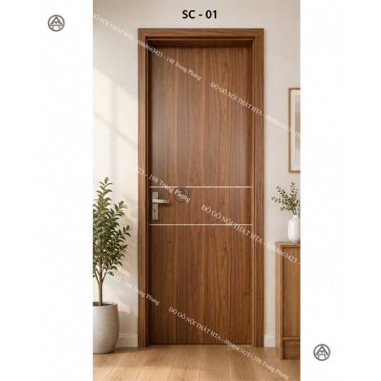 Cửa gỗ composite soi chỉ ngang tối giản nổi bật Đồ Gỗ Nội Thất HTA