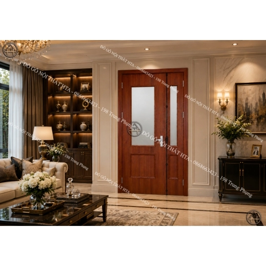 Cửa gỗ composite 2 cánh kết hợp kính cường lực bền đẹp, thoáng sáng Đồ Gỗ Nội Thất HTA
