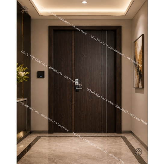 Cửa gỗ công nghiệp Melamine/Laminate 2 cánh soi chỉ sang trọng, bề thế Đồ Gỗ Nội Thất HTA
